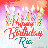 Bright birthday candles with rainbow flames on a cake, alongside the text 'Happy Birthday Ria' in vibrant script in this celebratory animated GIF.