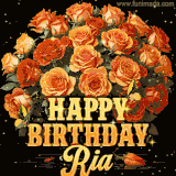 Animated bouquet of orange roses with moving butterfles and golden 'Happy Birthday Ria' text, surrounded by sparkling accents and a dark backdrop for a luxurious feel.