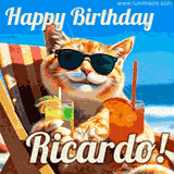 A cheerful cat wearing sunglasses, enjoying drinks on a sunny beach chair, with the text 'Happy Birthday Ricardo!' in bright letters.