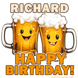 Animated GIF with name Richard featuring two smiling beer mugs with frothy tops, toasting in celebration. The text reads 'Richard, Happy Birthday!' in bold letters.