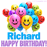 An animated birthday-themed name GIF with colorful smiling balloons and bold 'Richard, Happy Birthday!' text for a celebratory touch.