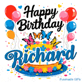 Colorful hearts, dots, and flower petals scattered around a festive butterfly theme cake for Richard.