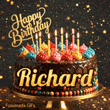 A personalized birthday greeting card with a chocolate cake, bright icing swirls, and flickering candles on a gold platter. Richard
