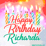Bright birthday candles with rainbow flames on a cake, alongside the text 'Happy Birthday Richarda' in vibrant script in this celebratory animated GIF.