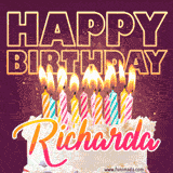 A colorful birthday cake topped with lit candles, with the words 'Happy Birthday Richarda' in bold glowing letters on a burgundy background. Animated flames add a festive touch.
