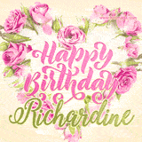 A stunning heart made of pink roses surrounds the elegant script text 'Happy Birthday Richardine' on a soft beige background. Animated sparkles add a magical and festive feel.
