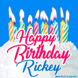 A cheerful animated GIF featuring colorful lit birthday candles on a white cake, with the text 'Happy Birthday Rickey' in bold red and blue script on a bright blue background.