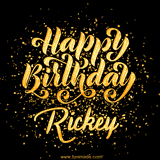 Animated GIF with colorful, festive 'Happy Birthday Rickey' text decorated with patterns, a party hat, and falling confetti. A vibrant and cheerful design for birthday celebrations.