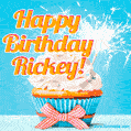 A cheerful animated GIF of a cupcake with creamy frosting, a red checkered ribbon, and a bright sparkler on top. The text 'Happy Birthday Rickey!' is displayed in vibrant orange and red.