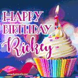 A festive animated GIF featuring a colorful cupcake with a single lit candle, sprinkles, and 'Happy Birthday Rickey' text against a sparkling, celebratory background.