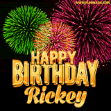 A captivating GIF with bursts of green, pink, and orange fireworks lighting up the night sky, accompanied by 'Happy Birthday Rickey' in glowing golden text.