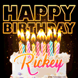 A vibrant animated GIF featuring a delicious birthday cake topped with glowing candles and the name 'Rickey' in elegant script, and the words 'Happy Birthday' on the black background.