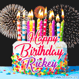 A lively happy birthday animated GIF showcasing a colorful birthday cake covered in sprinkles, topped with glowing candles, and surrounded by vibrant fireworks. The name 'Rickey' is featured in elegant script.