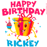 A funny animated birthday GIF with the words 'Happy Birthday Rickeya', colorful gift box with arms and legs, holding a cupcake with a lit candle  with confetti everywhere.