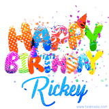 Animated GIF with colorful, festive 'Happy Birthday Rickey' text decorated with patterns, a party hat, and falling confetti. A vibrant and cheerful design for birthday celebrations.