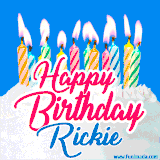 A cheerful animated GIF featuring colorful lit birthday candles on a white cake, with the text 'Happy Birthday Rickie' in bold red and blue script on a bright blue background.