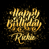 Animated GIF with colorful, festive 'Happy Birthday Rickie' text decorated with patterns, a party hat, and falling confetti. A vibrant and cheerful design for birthday celebrations.