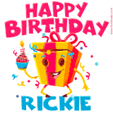 A funny animated birthday GIF with the words 'Happy Birthday Rickiea', colorful gift box with arms and legs, holding a cupcake with a lit candle  with confetti everywhere.