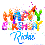 Animated GIF with colorful, festive 'Happy Birthday Rickie' text decorated with patterns, a party hat, and falling confetti. A vibrant and cheerful design for birthday celebrations.