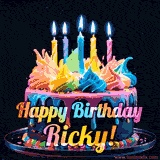 A vibrant animated GIF featuring a colorful rotating birthday cake with bright frosting swirls, glowing candles, and the text 'Happy Birthday Ricky!' in rainbow colors.