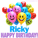 An animated birthday-themed name GIF with colorful smiling balloons and bold 'Ricky, Happy Birthday!' text for a celebratory touch.