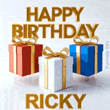 Modern digital e-card wishing Happy Birthday Ricky featuring a seamless loop of three 3D gift boxes bouncing cheerfully on a light background