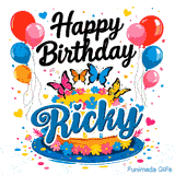 A personalized birthday graphic with balloons, flying butterflies, and a decorated cake on a blue plate for Ricky.