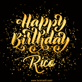 Animated GIF with colorful, festive 'Happy Birthday Rico' text decorated with patterns, a party hat, and falling confetti. A vibrant and cheerful design for birthday celebrations.
