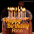 A rich chocolate cake topped with glowing birthday candles and surrounded by bright fireworks. The animated GIF displays the message 'Happy Birthday Rico' in golden text.