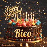 Birthday cake animation for Rico featuring glowing yellow candles, colorful decorative candy, and golden letters.