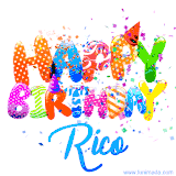 Animated GIF with colorful, festive 'Happy Birthday Rico' text decorated with patterns, a party hat, and falling confetti. A vibrant and cheerful design for birthday celebrations.