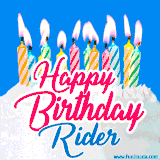 A cheerful animated GIF featuring colorful lit birthday candles on a white cake, with the text 'Happy Birthday Rider' in bold red and blue script on a bright blue background.