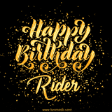 Animated GIF with colorful, festive 'Happy Birthday Rider' text decorated with patterns, a party hat, and falling confetti. A vibrant and cheerful design for birthday celebrations.