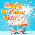 A cheerful animated GIF of a cupcake with creamy frosting, a red checkered ribbon, and a bright sparkler on top. The text 'Happy Birthday Rider!' is displayed in vibrant orange and red.
