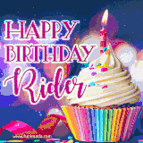 A festive animated GIF featuring a colorful cupcake with a single lit candle, sprinkles, and 'Happy Birthday Rider' text against a sparkling, celebratory background.
