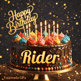 Shimmering animated card featuring a festive chocolate birthday cake with burning candles and the name Rider.