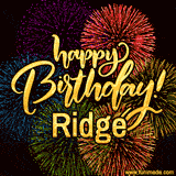A vibrant display of multicolor fireworks with the text 'Happy Birthday Ridge' written in gold, glowing beautifully in front of the explosive background.