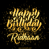 Animated GIF with colorful, festive 'Happy Birthday Ridhaan' text decorated with patterns, a party hat, and falling confetti. A vibrant and cheerful design for birthday celebrations.