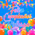 A vibrant animated GIF with 'Feliz Cumpleaños Ridhaan' written in colorful script, surrounded by balloons, confetti, and bunting on a bright blue background.