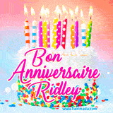 A white birthday cake covered in colorful sprinkles, topped with bright candles, and French text 'Bon Anniversaire Ridley' on a pastel gradient background in an animated GIF.