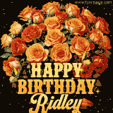 Animated bouquet of orange roses with moving butterfles and golden 'Happy Birthday Ridley' text, surrounded by sparkling accents and a dark backdrop for a luxurious feel.