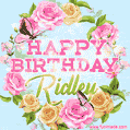 A charming animated GIF featuring 'Happy Birthday Ridley' in pink and green text, surrounded by delicate roses, leaves, and fluttering butterflies on a soft light blue pastel background.