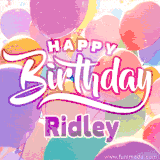 A vibrant name GIF featuring colorful balloons in shades of pink, orange, and yellow with the bold text 'Happy Birthday Ridley' in festive fonts, creating a lively birthday vibe.