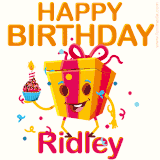 A vibrant and funny gift box character with a happy face dancing with a cupcake and the text 'Happy Birthday Ridley,' surrounded by animated confetti and party vibes.