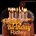A rich chocolate cake topped with glowing birthday candles and surrounded by bright fireworks. The animated GIF displays the message 'Happy Birthday Ridley' in golden text.