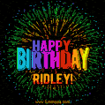 A colorful animated GIF featuring the text 'Happy Birthday Ridley!' in rainbow colors with a dynamic iridescent firework display in the background.