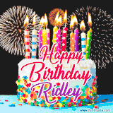 A lively happy birthday animated GIF showcasing a colorful birthday cake covered in sprinkles, topped with glowing candles, and surrounded by vibrant fireworks. The name 'Ridley' is featured in elegant script.