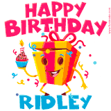 A funny animated birthday GIF with the words 'Happy Birthday Ridleya', colorful gift box with arms and legs, holding a cupcake with a lit candle  with confetti everywhere.
