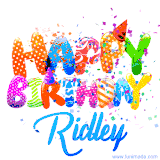Animated GIF with colorful, festive 'Happy Birthday Ridley' text decorated with patterns, a party hat, and falling confetti. A vibrant and cheerful design for birthday celebrations.