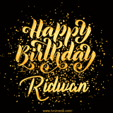 Animated GIF with colorful, festive 'Happy Birthday Ridwan' text decorated with patterns, a party hat, and falling confetti. A vibrant and cheerful design for birthday celebrations.